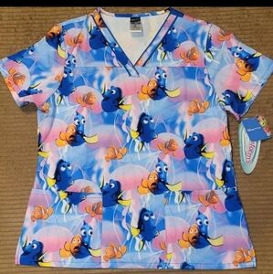 Disney Womens Medium Scrub Top Nemo & Dorey New NWT Pixar Cherokee Toonaforms